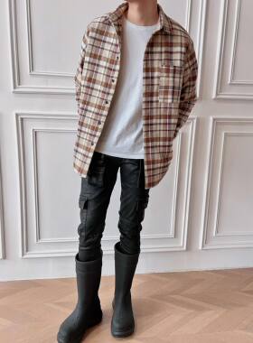 AnNn 美式休闲宽松廓形纯棉卡其色格子夹棉衬衫衬衣外套街头潮牌