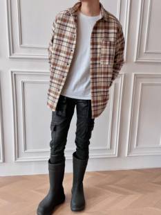 衬衣外套街头潮牌 休闲宽松廓形纯棉卡其色格子夹棉衬衫 AnNn 美式