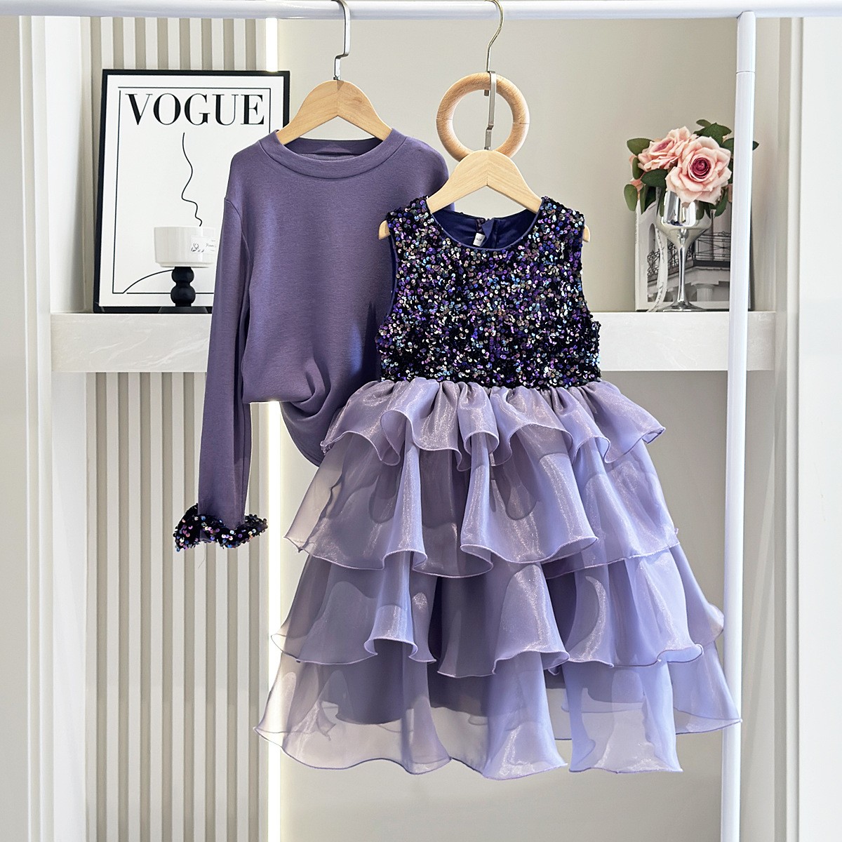 2025秋冬新款女童蛋糕裙礼服洋气女宝宝亮片紫色两件套蓬蓬连衣裙