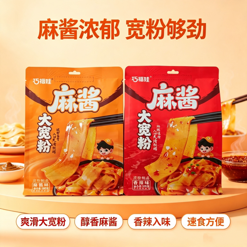 巧福娃麻将大宽粉300克香辣味 麻酱味淀粉制品即食休闲解馋零食