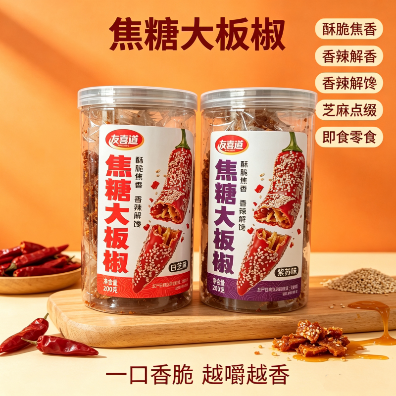 友喜道焦糖大板椒200克白芝味 紫苏味休闲零食香辣解馋