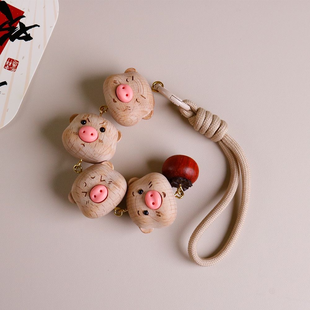 可爱小猪檀木手机挂件钥匙扣包包挂件