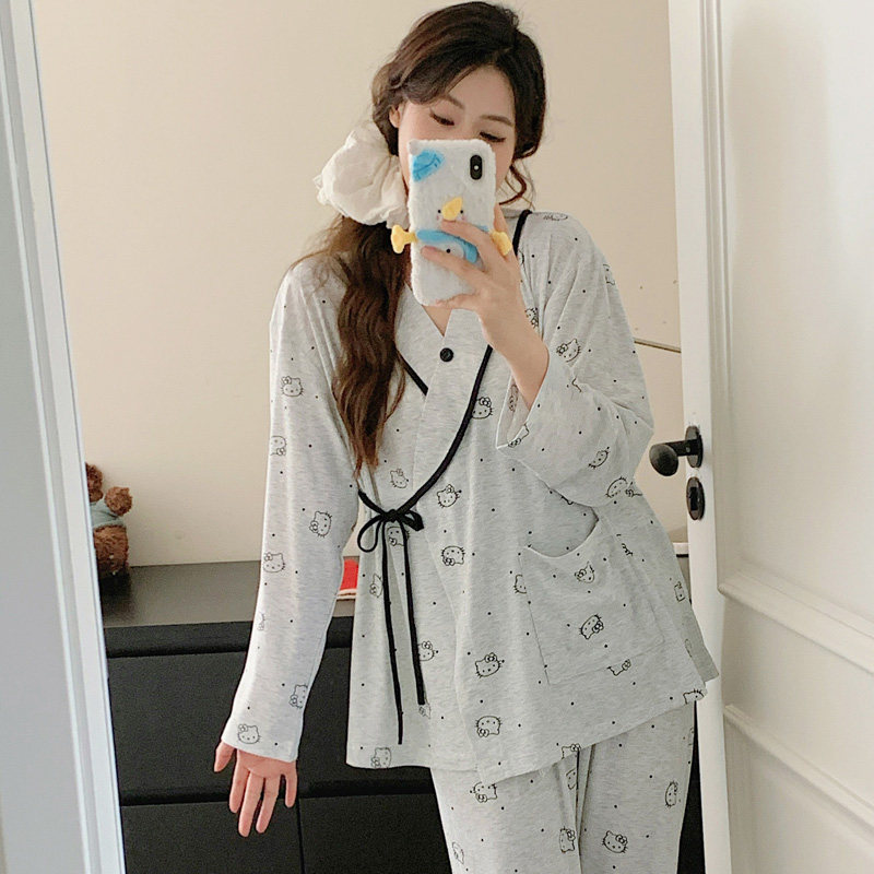 莫代尔月子服4月份夏薄款产后大码和服孕妇睡衣产妇哺乳喂奶套装5