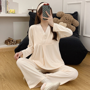 a类母婴级月子服带胸垫春秋9月份纯棉全棉吸汗大码孕妇睡衣哺乳十