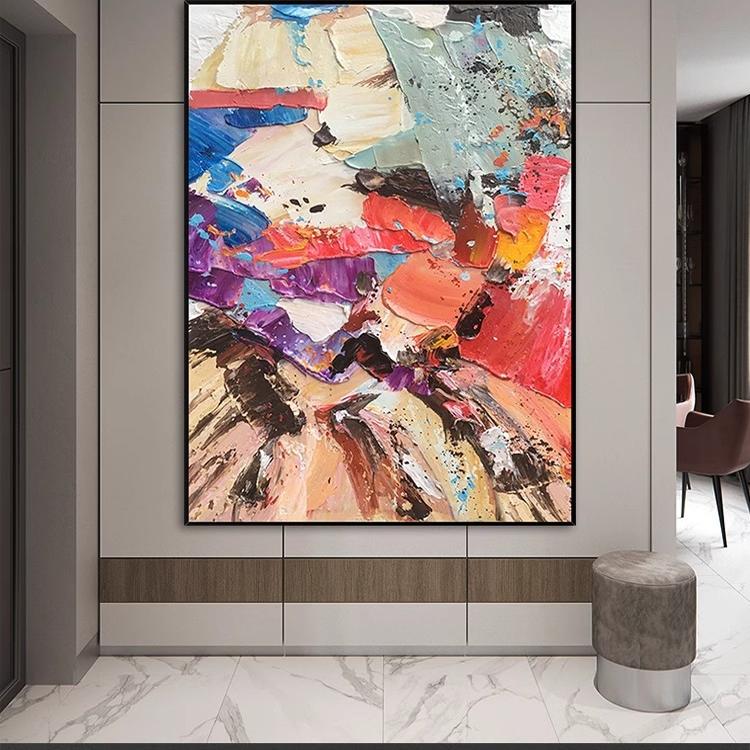 纯手绘油画客厅装饰画现代简约大幅立体抽象艺术色块走廊玄关挂画图片