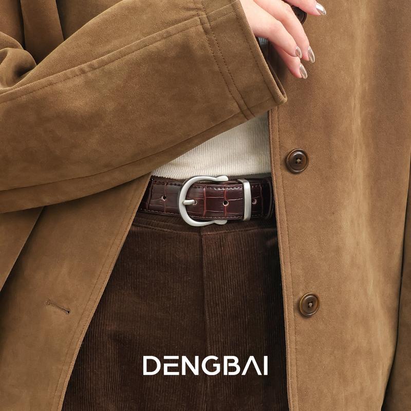 登白DENGBAI 小众复古鳄鱼纹牛皮腰带银扣 百搭时尚真皮女士皮带