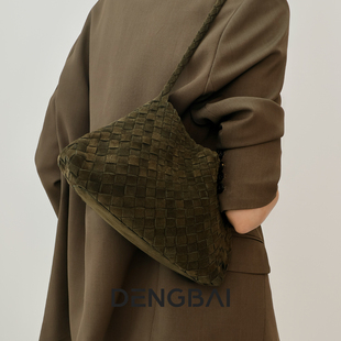 登白DENGBAI 头层磨砂绒编织单肩腋下包复古小众高级包包
