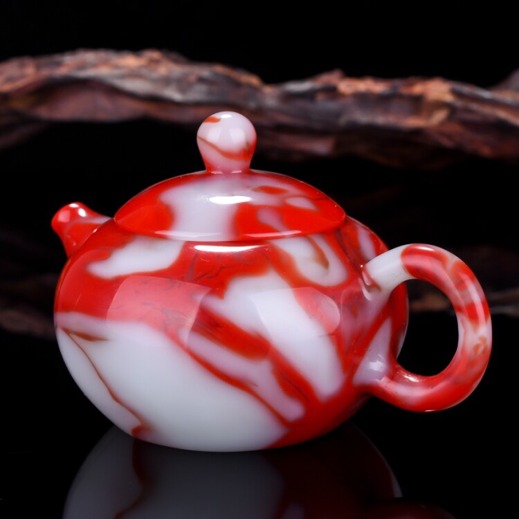 天然和田鸡血玉茶壶把件金丝玉酒壶手把件立体把玩件把把壶