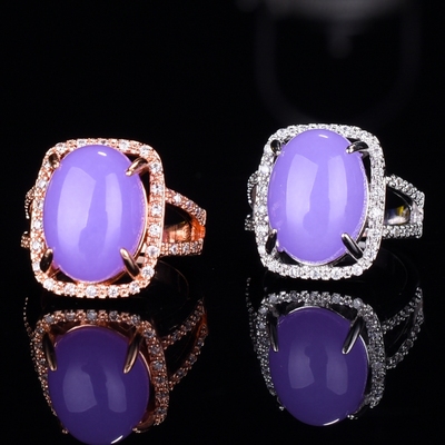 紫罗兰翡翠戒指A货女指环新品925银镶嵌冰种紫罗兰大蛋面戒指