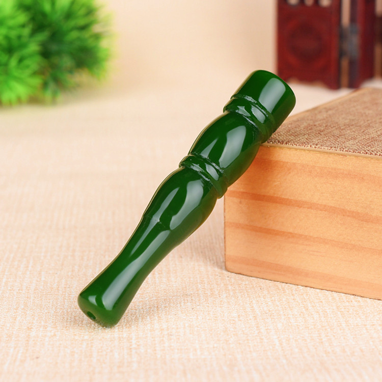 天然和田玉碧玉烟嘴老式烟杆老烟嘴菠菜绿碧玉竹节造型烟嘴把件