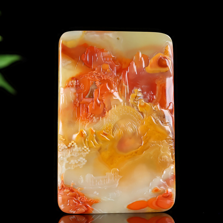 天然和田玉籽料山水玉牌手把件招财山水牌把玩件平安挂件新疆玉器