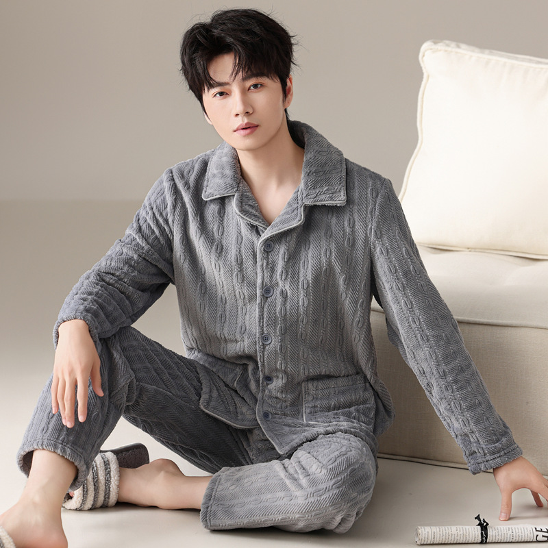 绮瑞家居服男士秋冬珊瑚绒睡衣加厚法兰绒时尚保暖男冬款大码套装