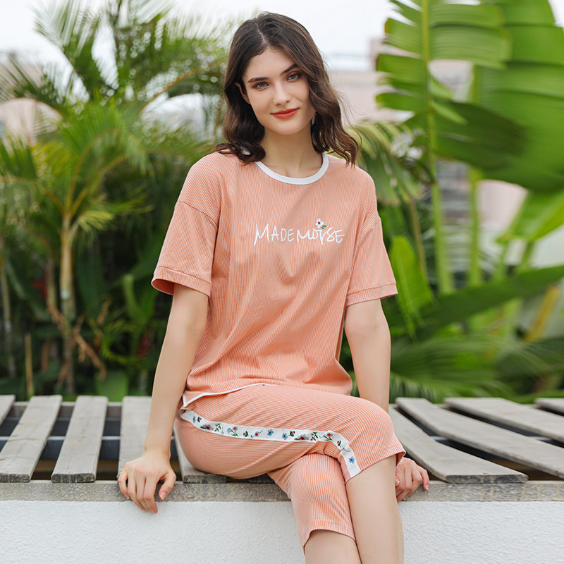 绮瑞睡衣女夏季短袖纯棉七分裤套装夏天条纹妈妈家居服大码可外穿