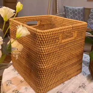 秋藤美 越南手工藤编正方形收纳筐手提带盖简约家居玩具杂物收纳