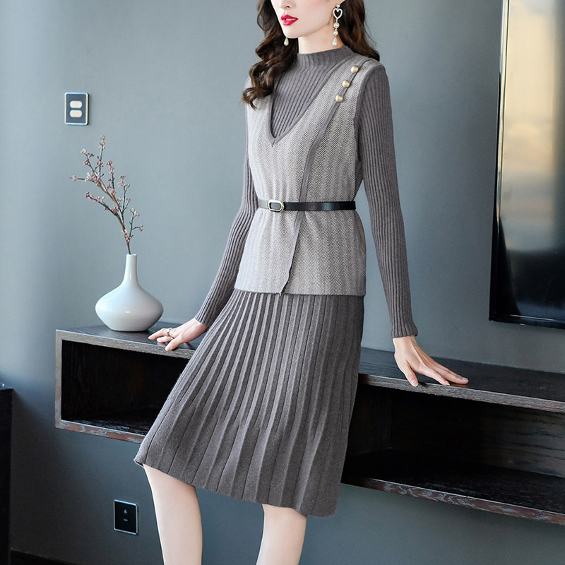 CAMILLA 니트 드레스 정장 여성 2022 가을 겨울 새로운 스타일 기질 주름 치마 레이스 업 허리 투피스 세트
