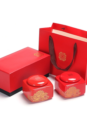 红色喜庆包装盒红枸杞西洋参碎银子礼盒可雕刻陶瓷罐黑枸杞双罐装