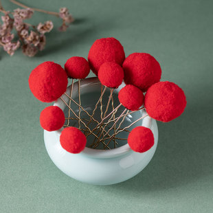 古风红色绒球发钗戏曲头饰古装国风新年发饰汉服毛球簪子复古配饰