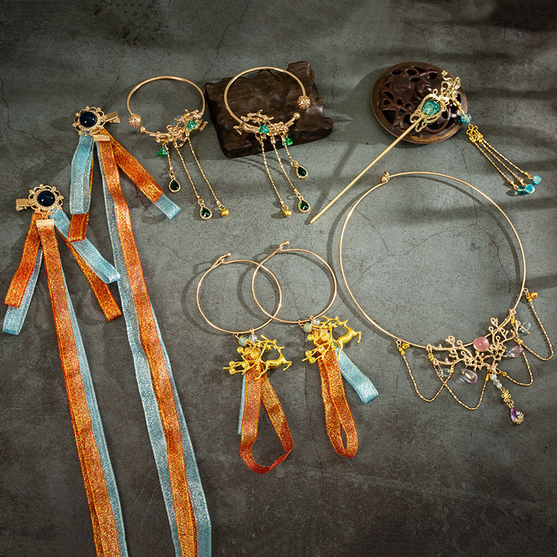 瑶瑶遇见神鹿汉服头饰全套流苏发簪步摇古风发夹手镯古装边夹项圈