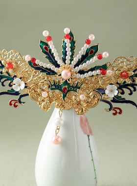 汉服头饰流苏步摇发冠复古宫廷凤冠古风飞天仙女敦煌配饰古装发饰