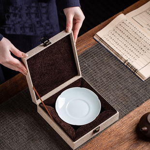 简约麻布正方形锦盒古董瓷器包装盒盘子茶饼收纳盒礼品盒大盒子