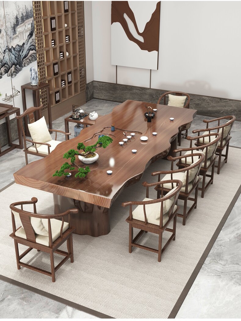 新客减实木大板茶桌椅组合一桌五椅新中式茶台办公室禅意原木泡茶