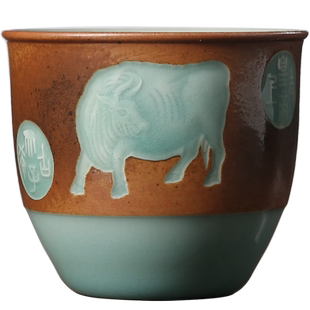 青瓷功夫茶杯牛年礼品手工品茗杯龙泉市陶瓷主人杯单杯五牛图茶具