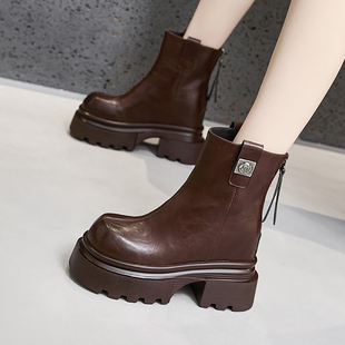圆头粗跟高跟短筒短靴2025秋冬后拉链加绒马丁靴简约小个子内增高