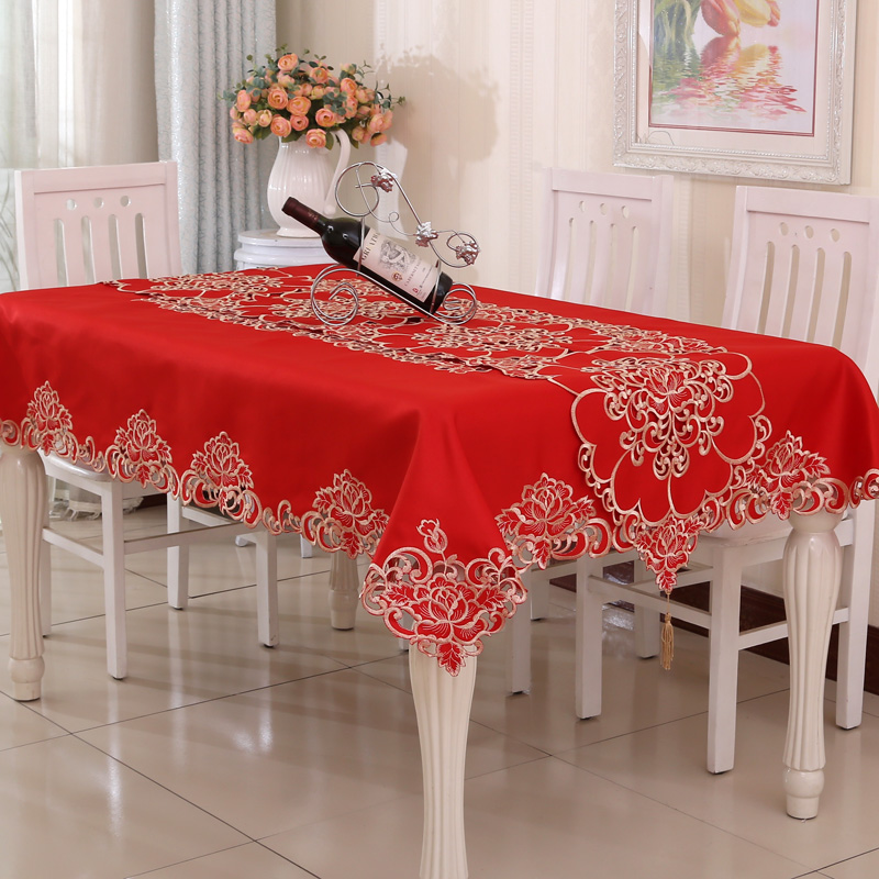 桌布布艺台布餐桌布桌旗盖巾茶几布红色刺绣花喜庆结婚婚礼欧式-封面