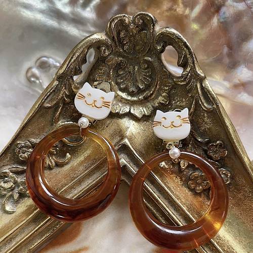 晚归的猫黄打屁玳瑁复古耳钉