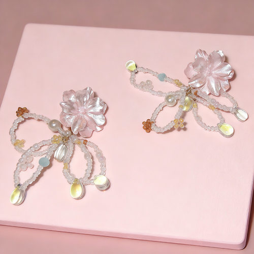 蔷薇朝露 黄打屁原创设计小众粉甜仙氛围花串珠百搭925银耳钉耳夹