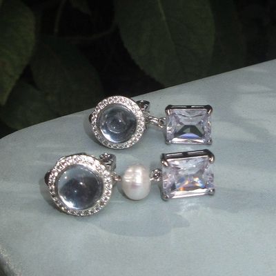 悬置之镜 黄打屁原创设计冰蓝氛围小众透甜仙闪百搭925银耳钉耳夹