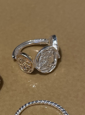 发光新币 黄打屁金银撞色小众高级叠戴法式复古925银闪可调节戒指