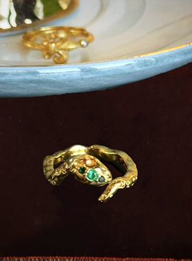 灵蛇 黄打屁蛇年旺质感复古法浪漫气质蛇年天菜925银镀金戒指开口