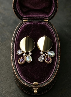 漂泊弧光 黄打屁原创设计法式复古甜仙闪琉璃串珠幻彩925耳钉耳夹