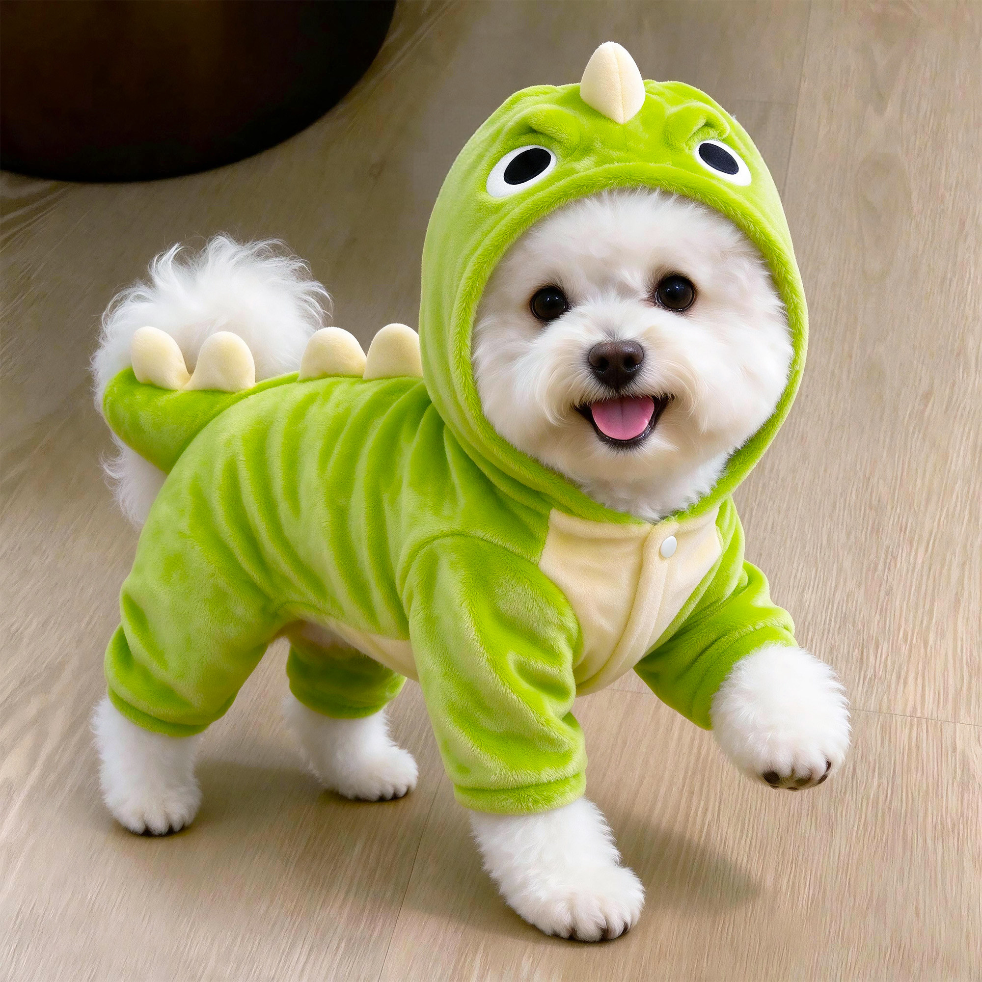 法兰绒狗狗衣服恐龙带牵引扣秋冬加绒加厚连帽幼犬宠物小狗四脚衣