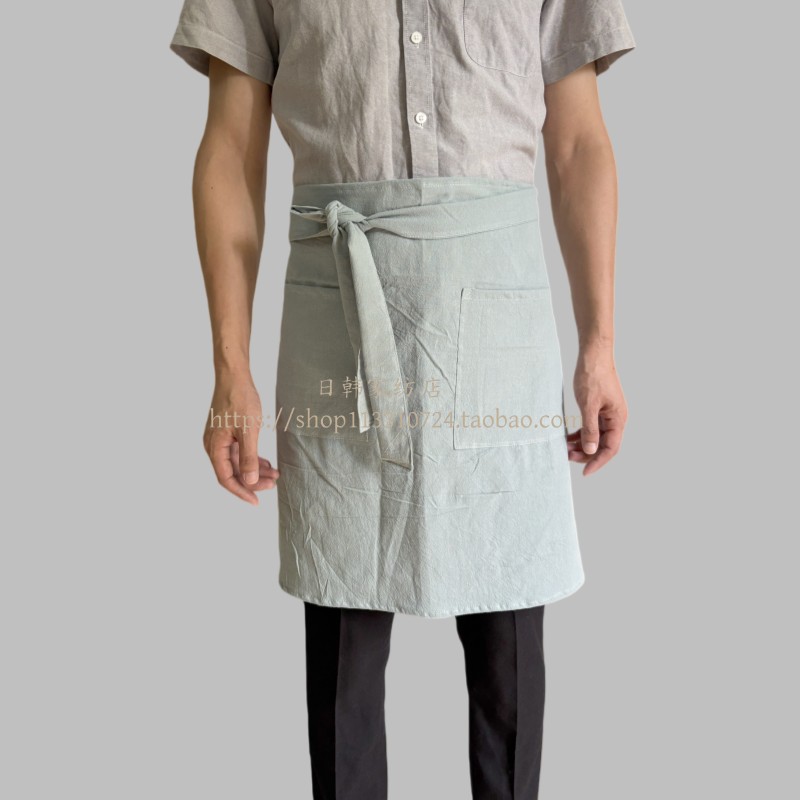 日系文艺棉麻半身围裙室咖啡店花艺画室工作服C淡抹茶绿四季款