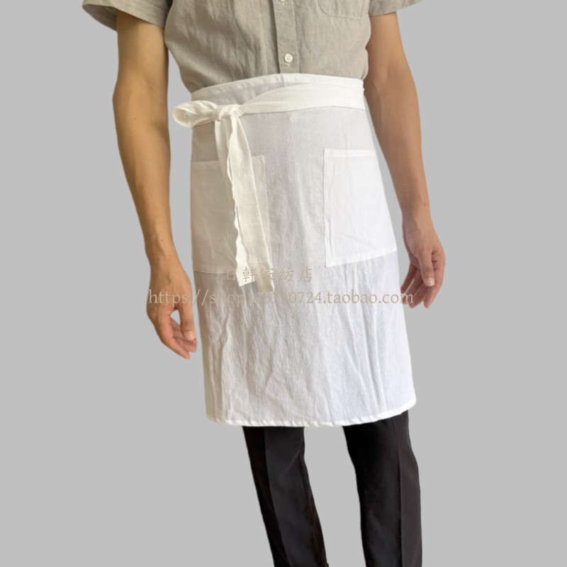 日系文艺棉麻半身围裙工作室咖啡店花艺画室工作服C纯白色夏季款