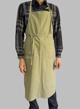 盐系工装风围裙男女厨房工作服SQ双口袋草绿色（亚麻棉四季款）