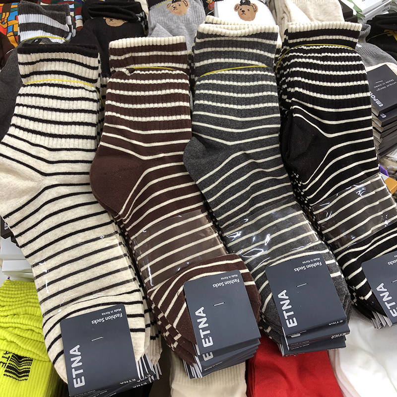 韩国etna细条纹中筒袜复古英伦风男士袜子东大门吸汗透气男棉袜