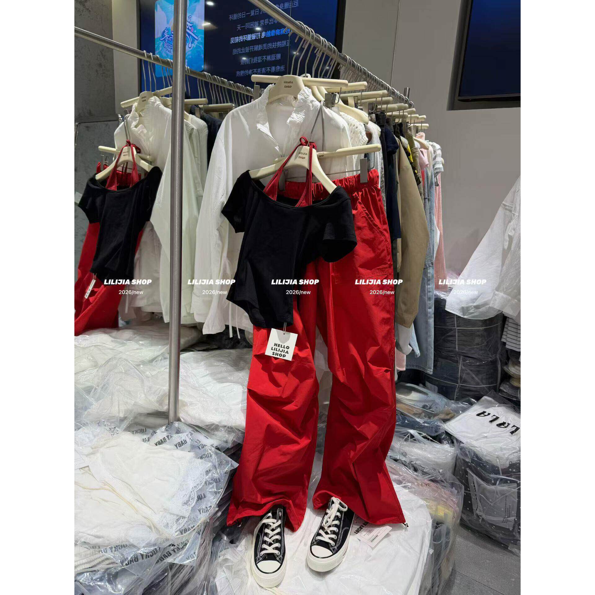 2026夏新款辣妹撞色假两件T恤+工装风长裤女宽松休闲两件套装时尚