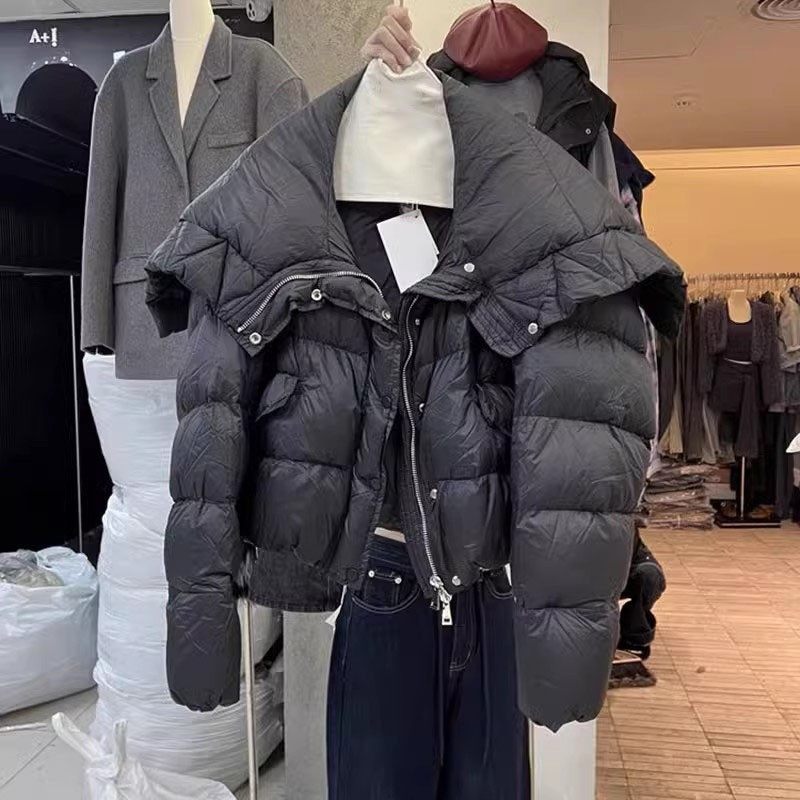 【五折】新款轻薄保暖羽绒服女韩版百搭黑色大翻领短款外套白鸭绒