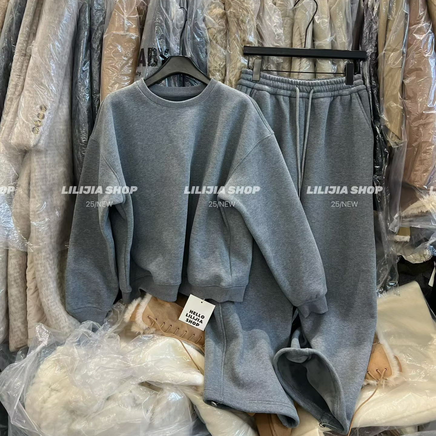 极简风加绒卫衣套装女冬季