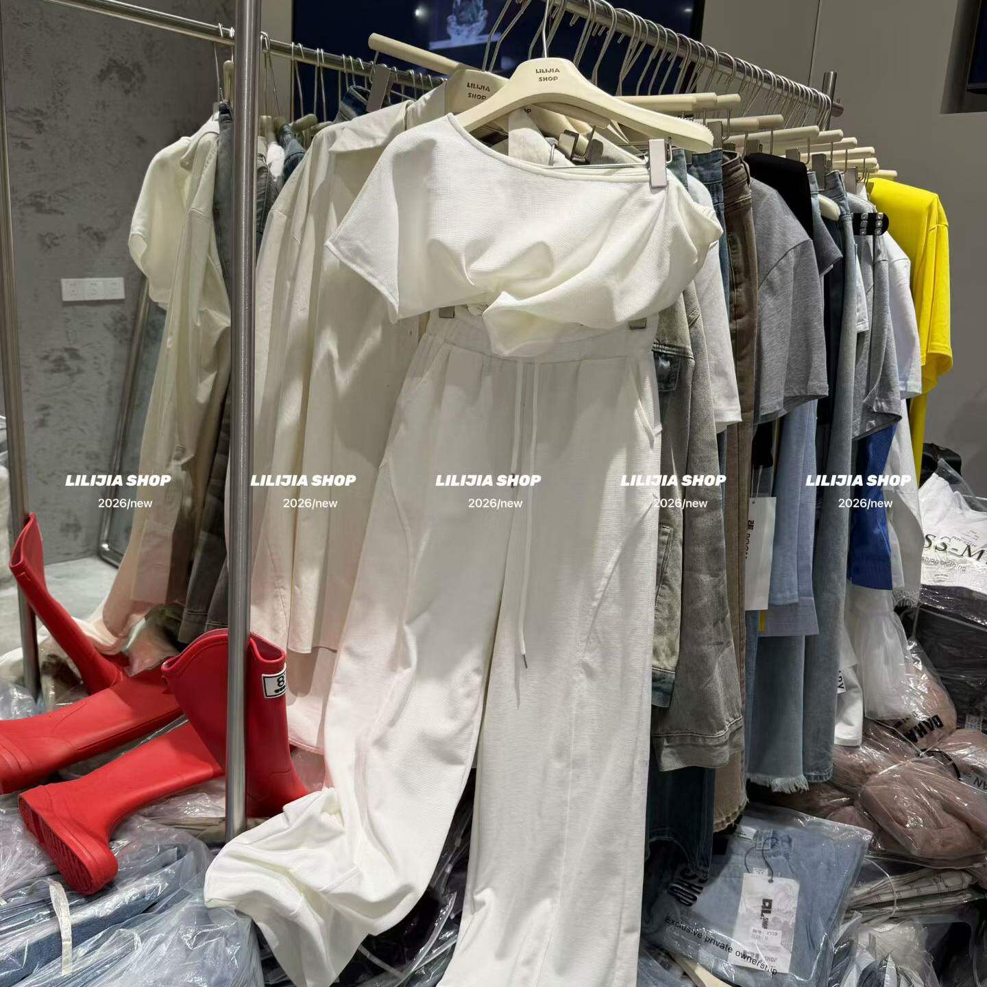 2026新款休闲风棉质两件套女夏季宽松显瘦斜领短袖阔腿长裤套装潮