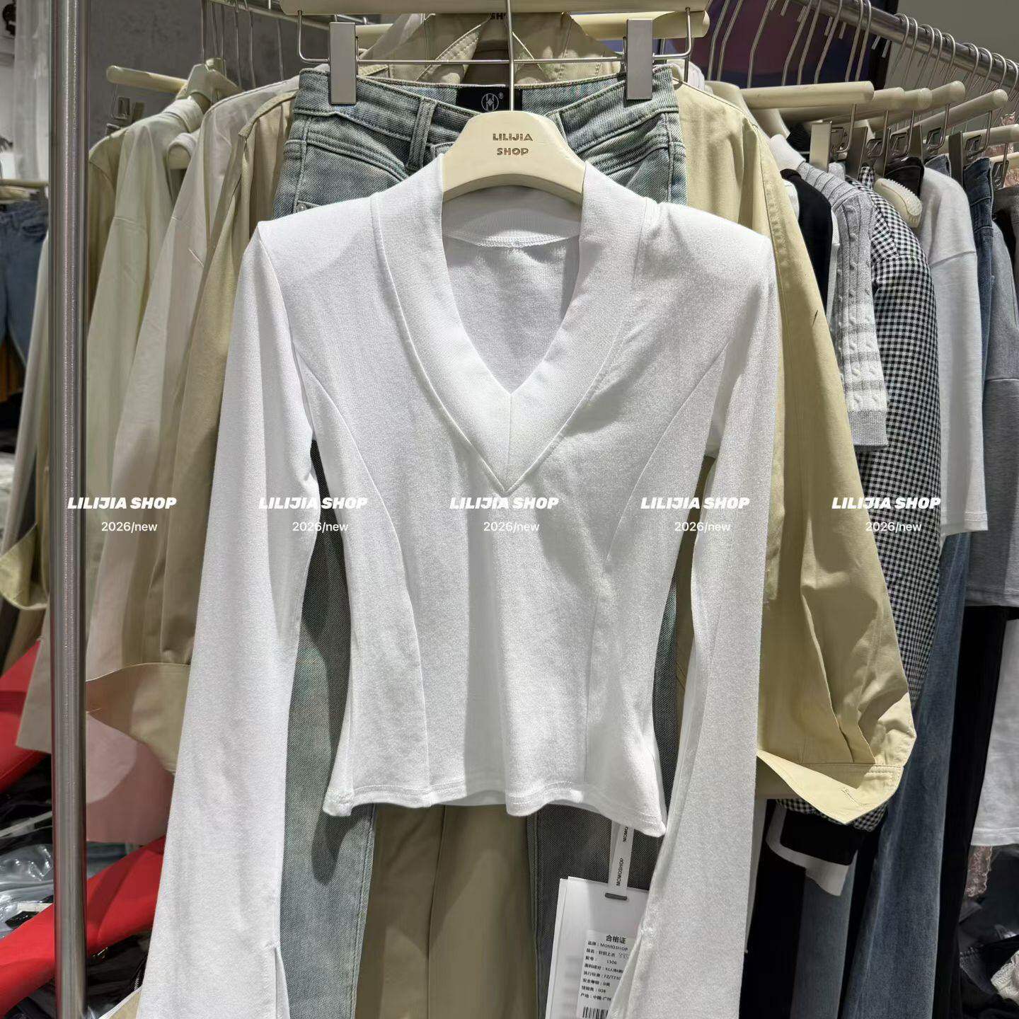 2026春季韩式气质简约V领长袖T恤女白色修身显瘦打底衫纯棉上衣潮