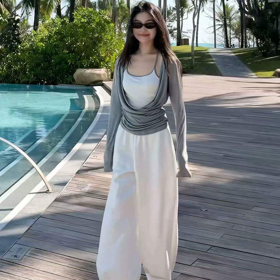 灰色长袖防晒罩衫吊带背心阔腿裤女2026春季学院风叠穿两件套装潮