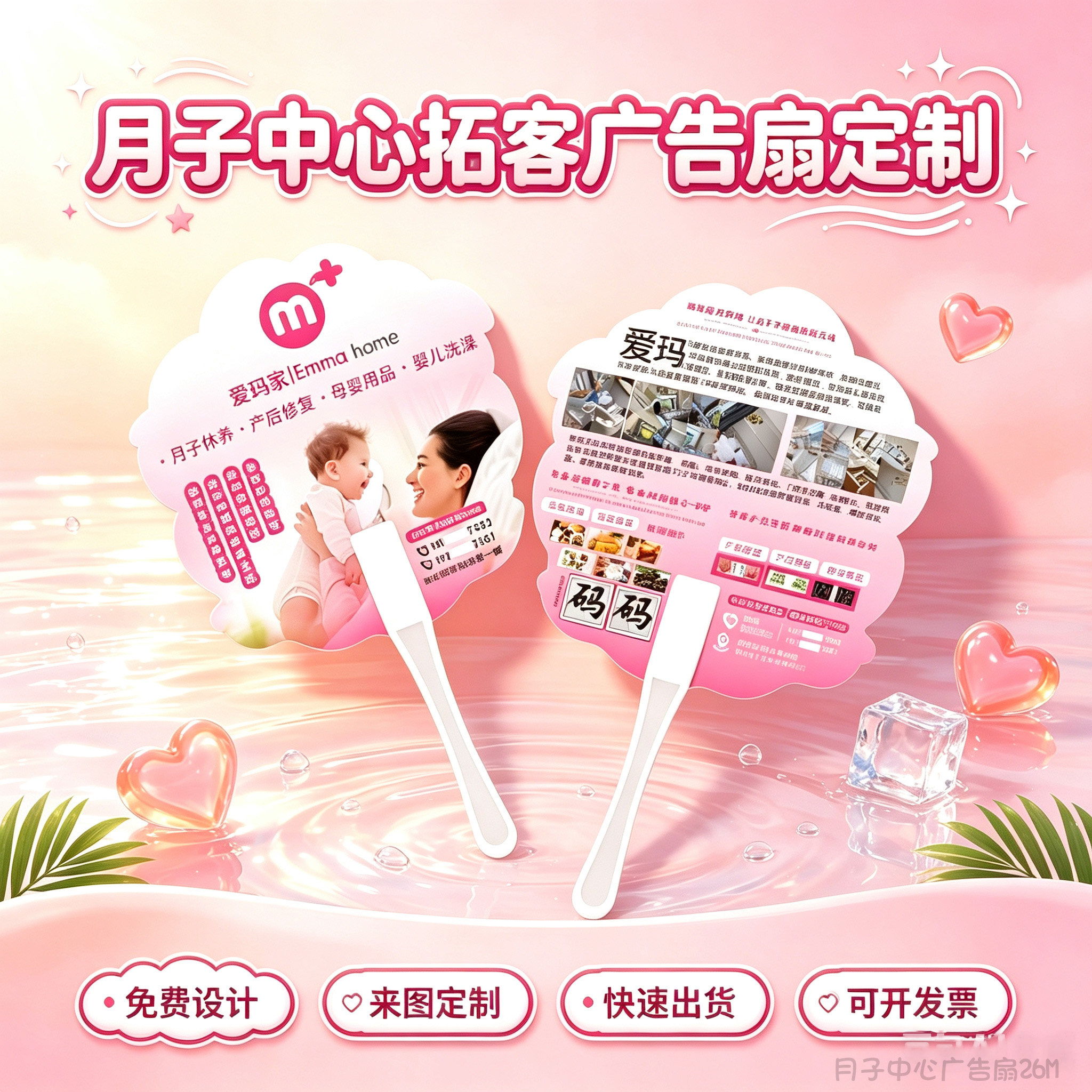 月子休养母婴用品宣传拓客广告扇子定制作美容院产后修复地推团扇