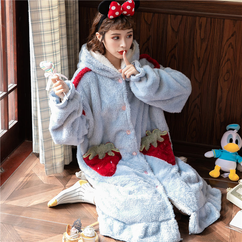 睡衣女秋冬法兰绒睡袍可爱草莓加厚浴袍家居服网红睡袍甜美可爱女
