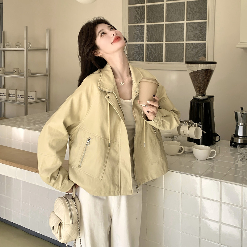 2026春季新款现货韩版立领抽绳宽松皮衣外套1535218P160K258,女装皮衣,浙宝153