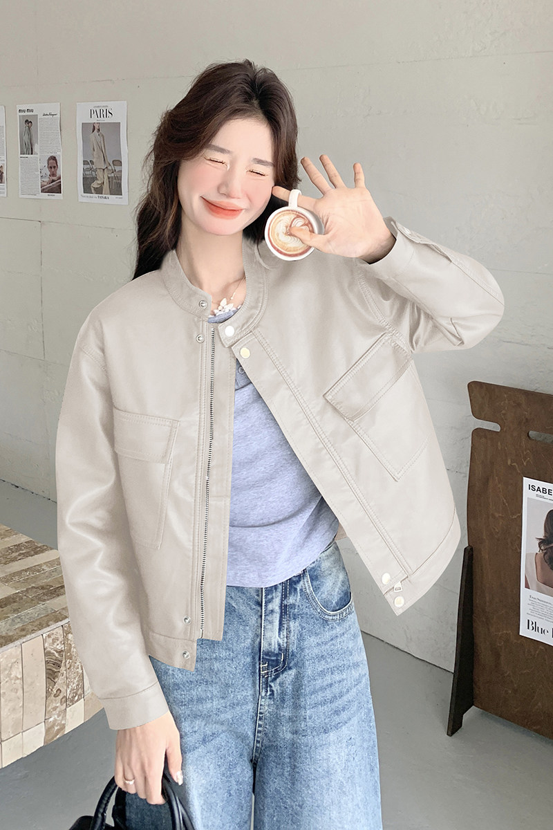 春季新款现货短款立领设计感皮衣外套1532607P130K198,女装皮衣,浙宝153