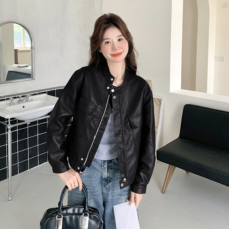 春季新款现货短款立领设计感皮衣外套1532607P130K198，女装皮衣，浙宝153